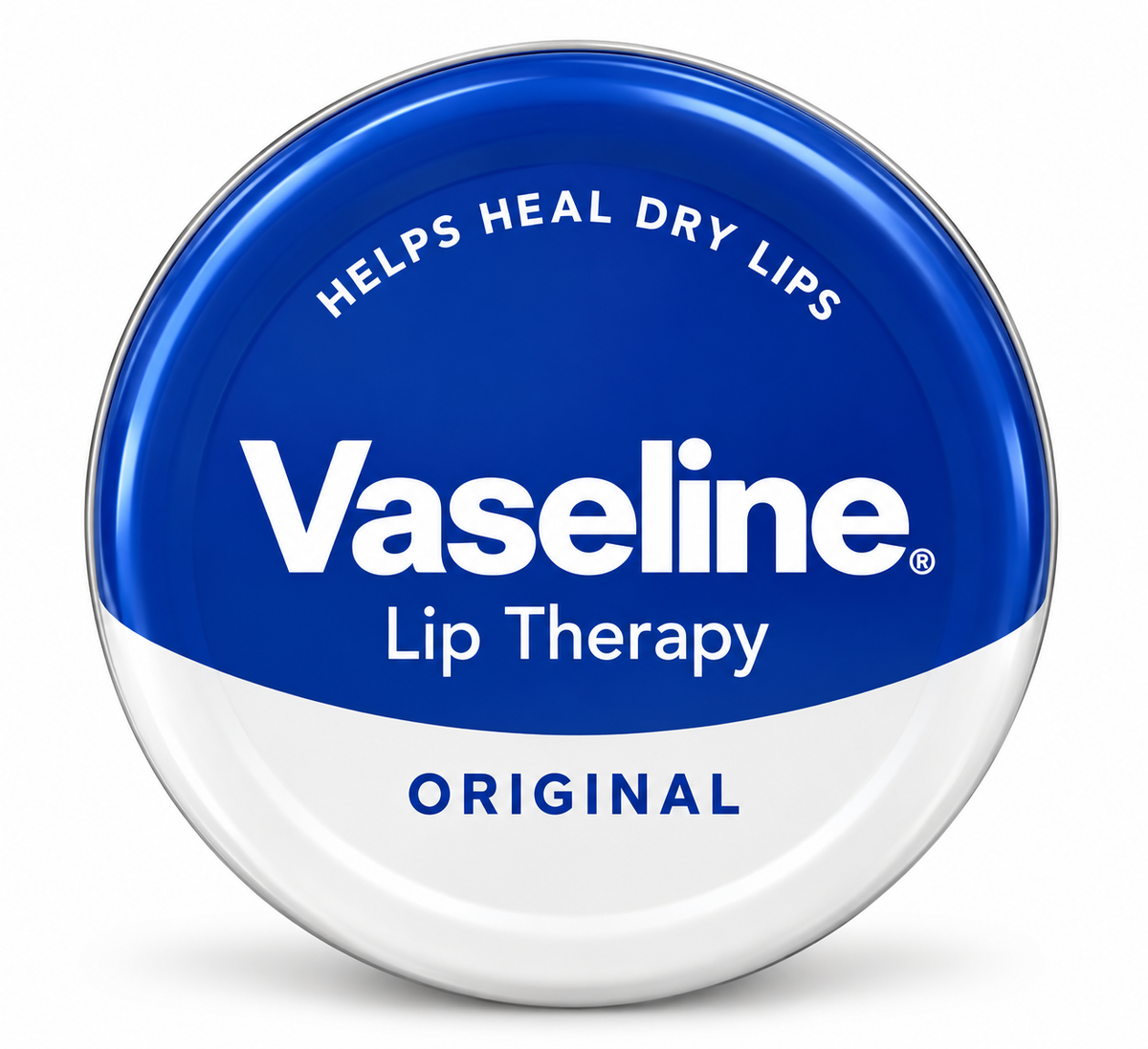 aseline Original Lip Therapy 20g round tin with a blue-and-white lid, featuring the Vaseline logo and Original label, designed to soothe dry lips, displayed on a clean white background.