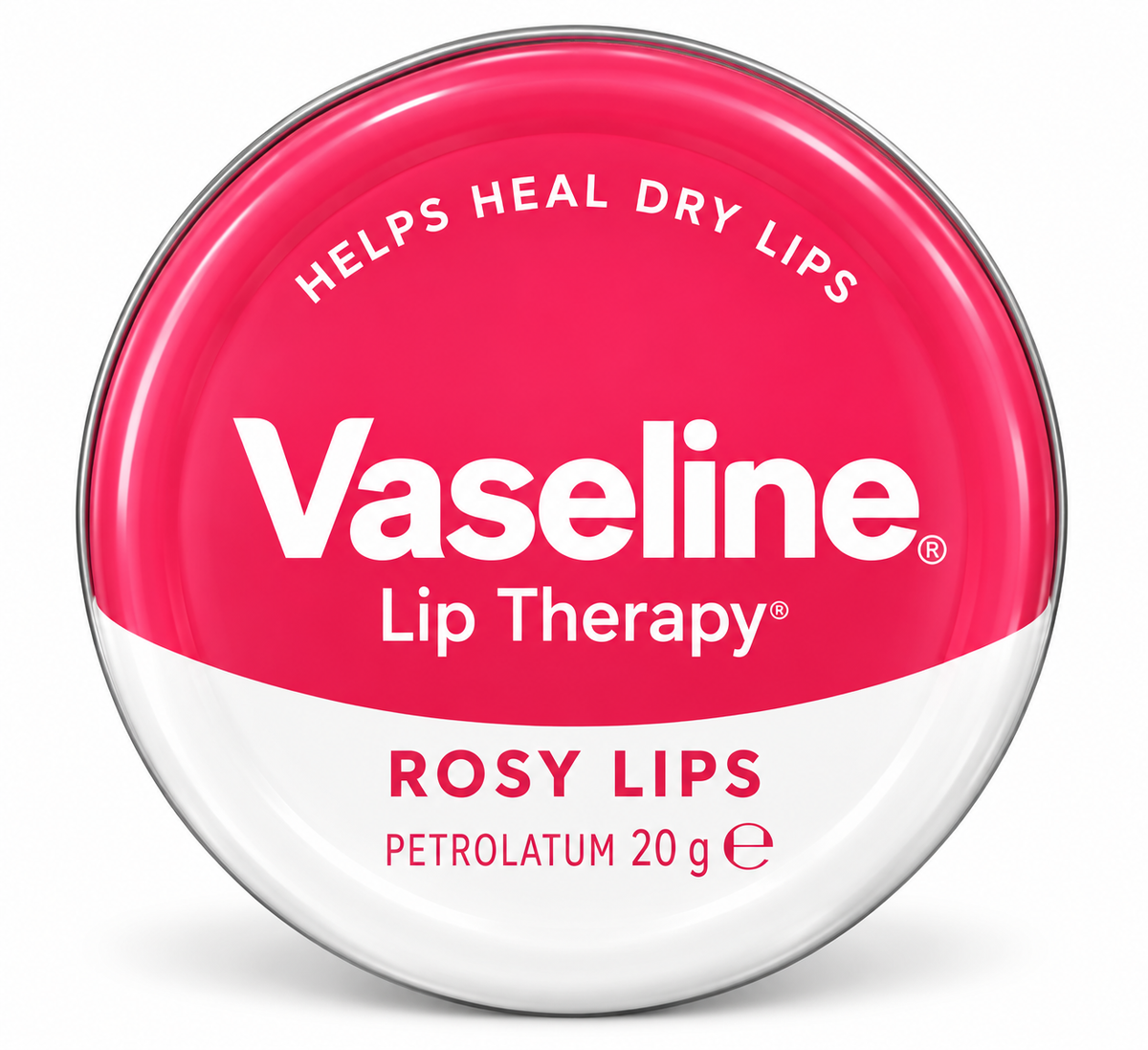 Vaseline Rosy Lips Lip Therapy 20g round tin with pink-and-white packaging, featuring the Vaseline logo and Rosy Lips label, designed to soothe dry lips and provide a natural rosy appearance, displayed on a clean white background.