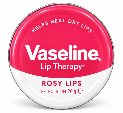 Vaseline Rosy Lips Lip Therapy 20g round tin with pink-and-white packaging, featuring the Vaseline logo and Rosy Lips label, designed to soothe dry lips and provide a natural rosy appearance, displayed on a clean white background.