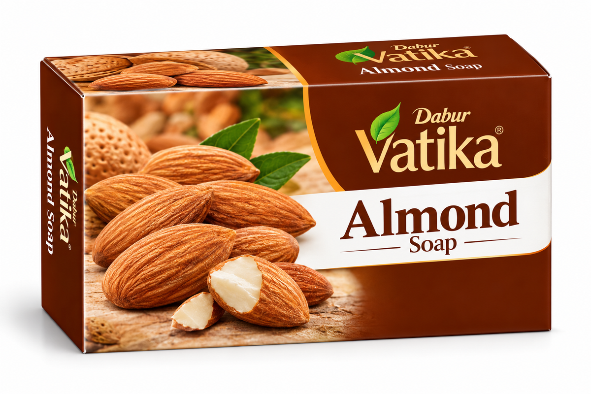 Dabur Vatika Almond Soap 100g in brown and cream packaging, featuring whole and sliced almonds, green leaves, and almond oil imagery.