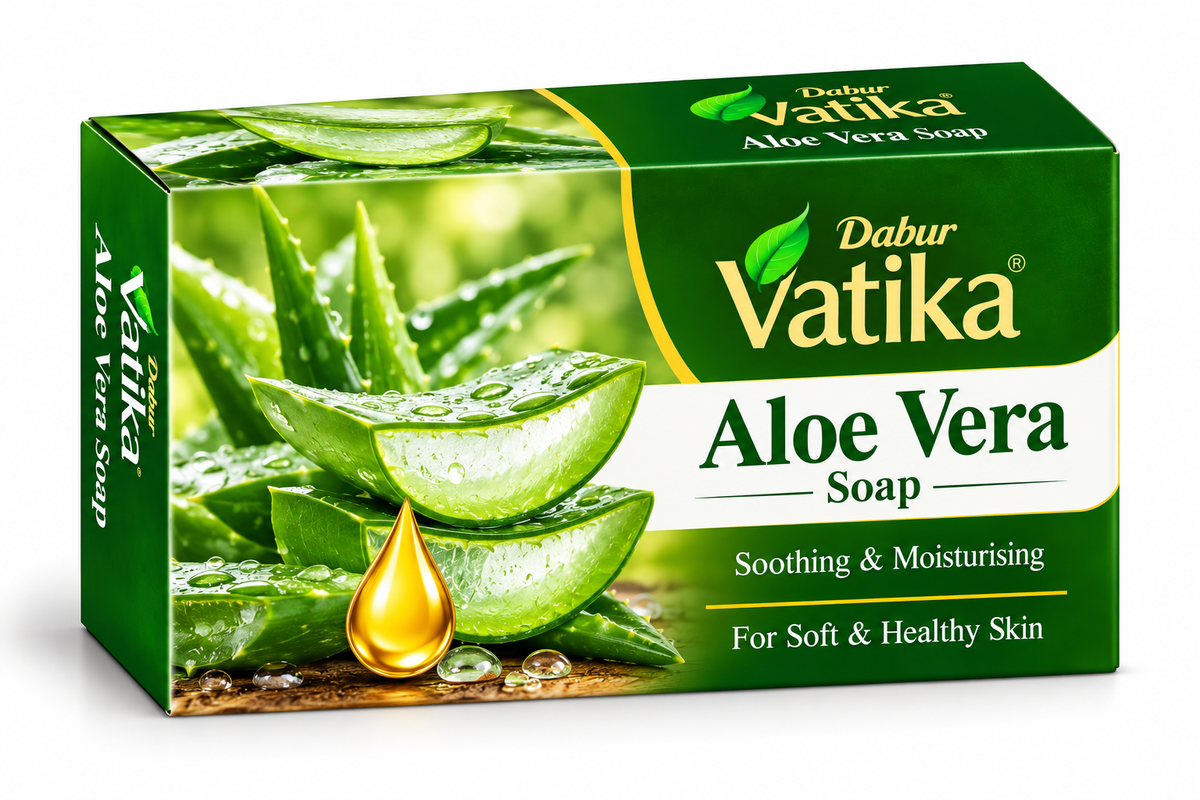 Dabur Vatika Aloe Vera Soap 100g in green and white packaging, featuring fresh aloe vera leaves, aloe gel slices, water droplets, and a golden oil-drop illustration.