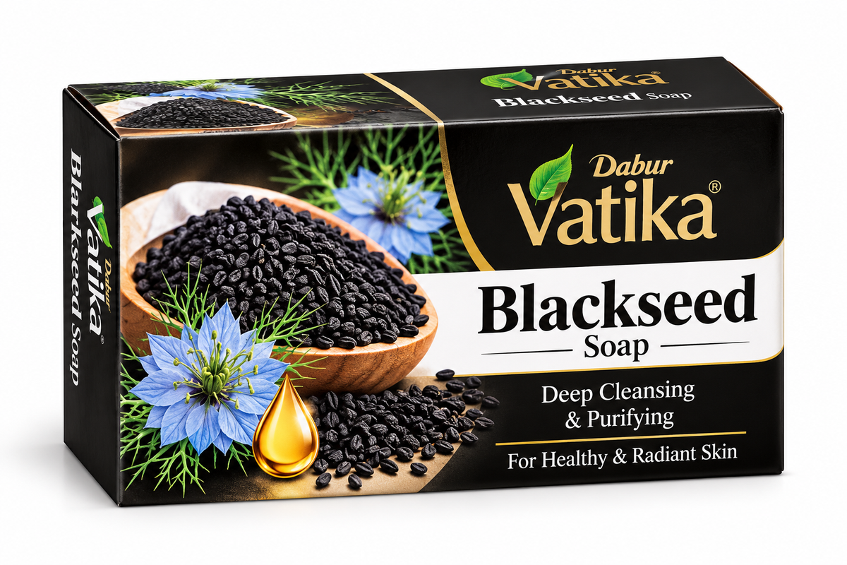 Dabur Vatika Blackseed Soap 100g in black and white packaging, featuring black seeds, blue flowers and botanical illustrations.