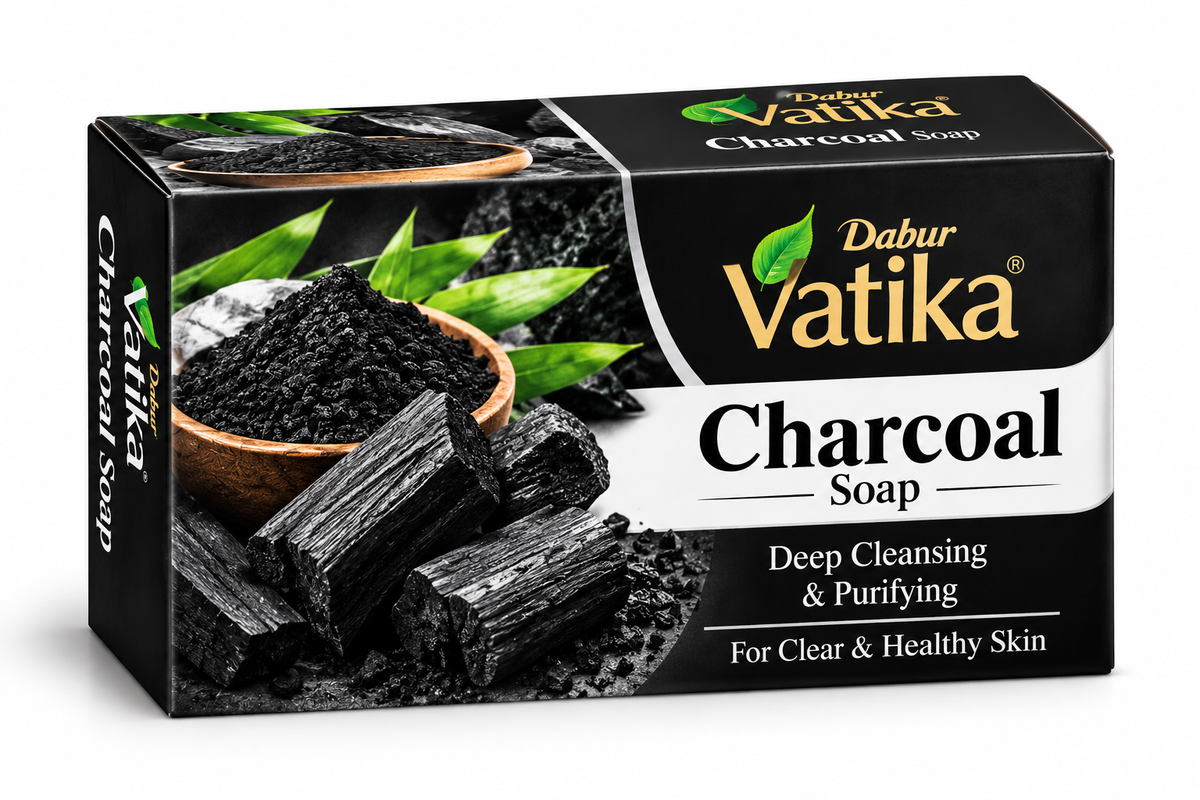 Dabur Vatika Charcoal Soap 100g in black and grey packaging, featuring charcoal pieces, charcoal powder and green leaves.