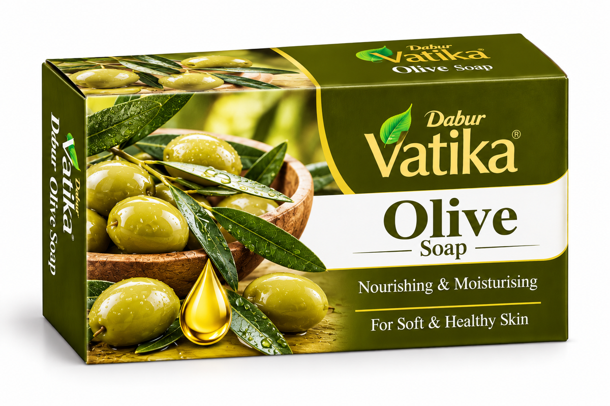 Dabur Vatika Olive Soap 100g in olive-green and cream packaging, featuring green olives, olive leaves and a golden oil-drop illustration.