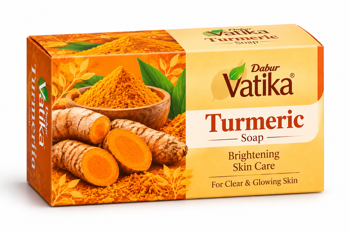 Dabur Vatika Turmeric Soap 100g in orange and yellow packaging, featuring turmeric roots, sliced turmeric and turmeric powder.