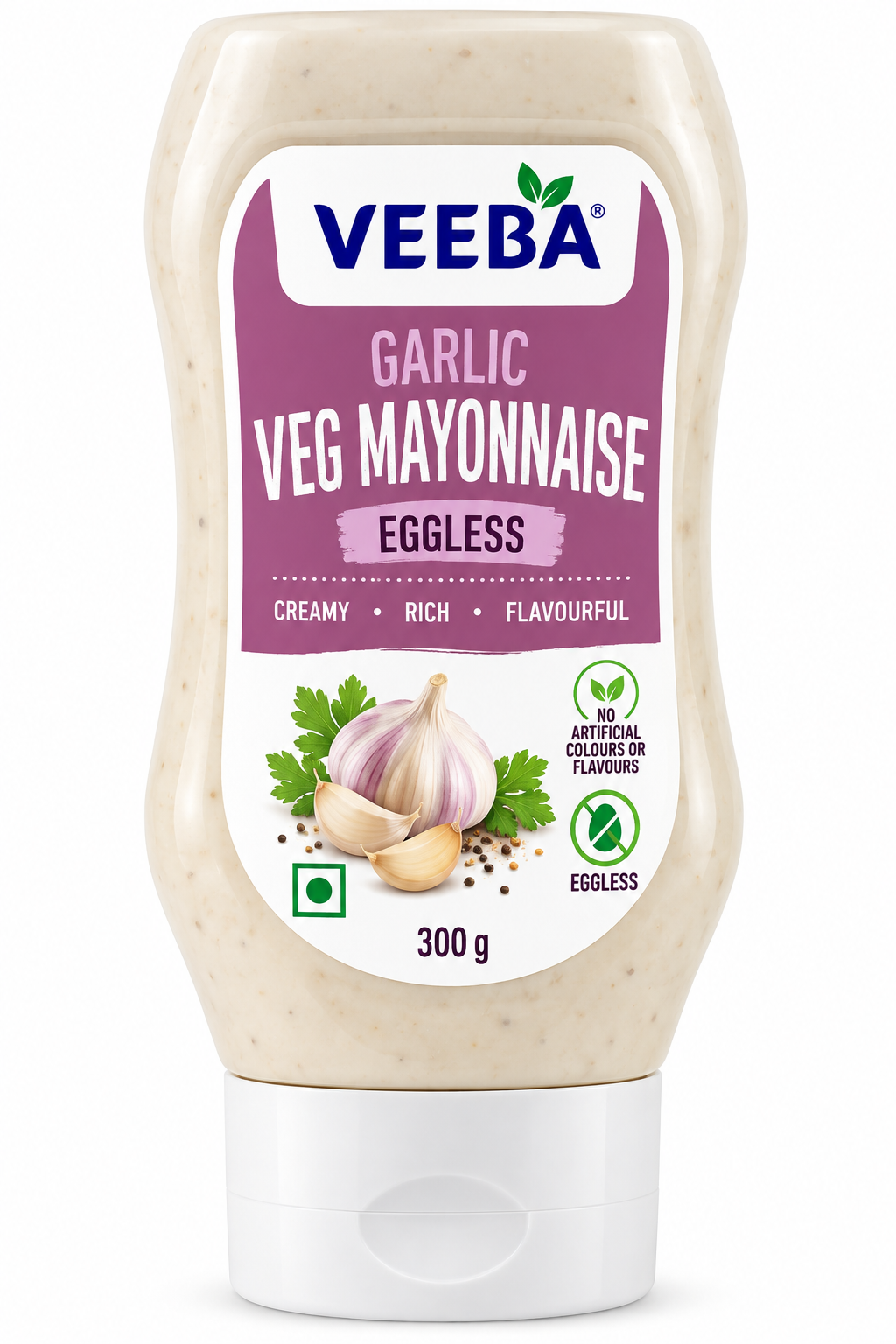 Veeba Garlic Veg Mayonnaise Eggless 300g squeeze bottle with purple and white packaging, featuring garlic cloves, fresh herbs and creamy vegetarian mayonnaise.