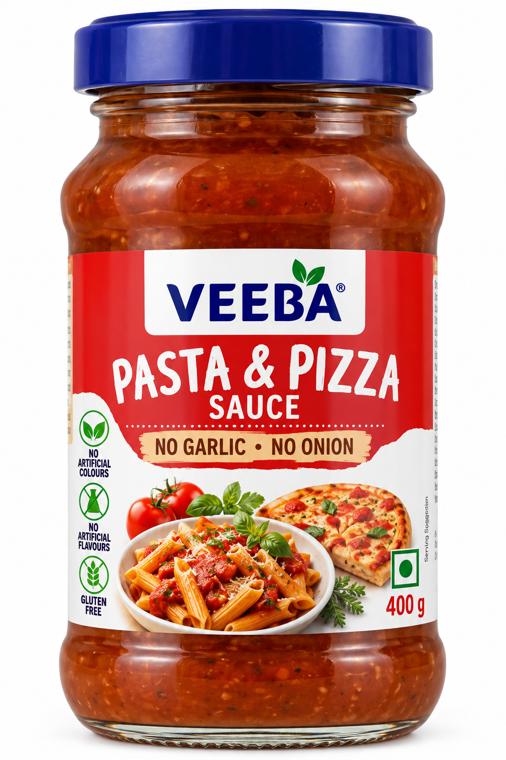 Veeba Pasta and Pizza Sauce 400g glass jar with a blue lid and red-and-white label, featuring tomato pasta, pizza, fresh tomatoes and basil, made without garlic or onion.