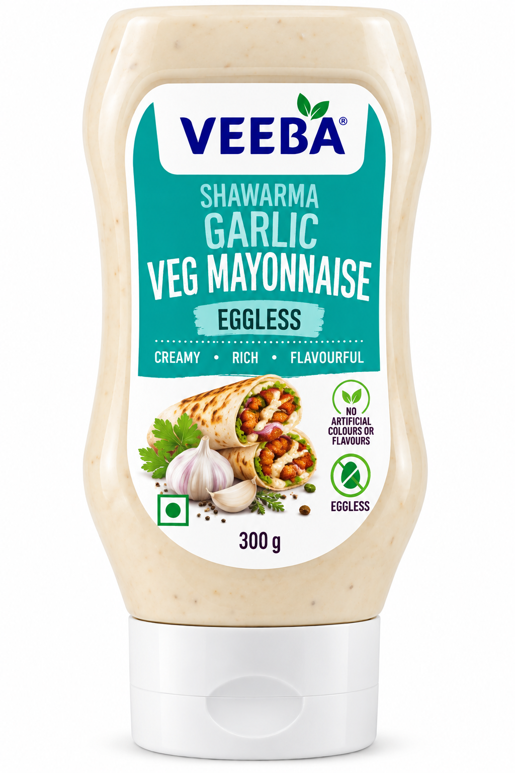 Veeba Shawarma Garlic Veg Mayonnaise Eggless 300g squeeze bottle with teal-and-white packaging, featuring shawarma wraps, garlic cloves and herbs.