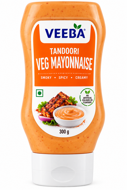 Veeba Tandoori Veg Mayonnaise 300g squeeze bottle with orange-and-white packaging, featuring creamy tandoori mayonnaise, grilled paneer and herbs.