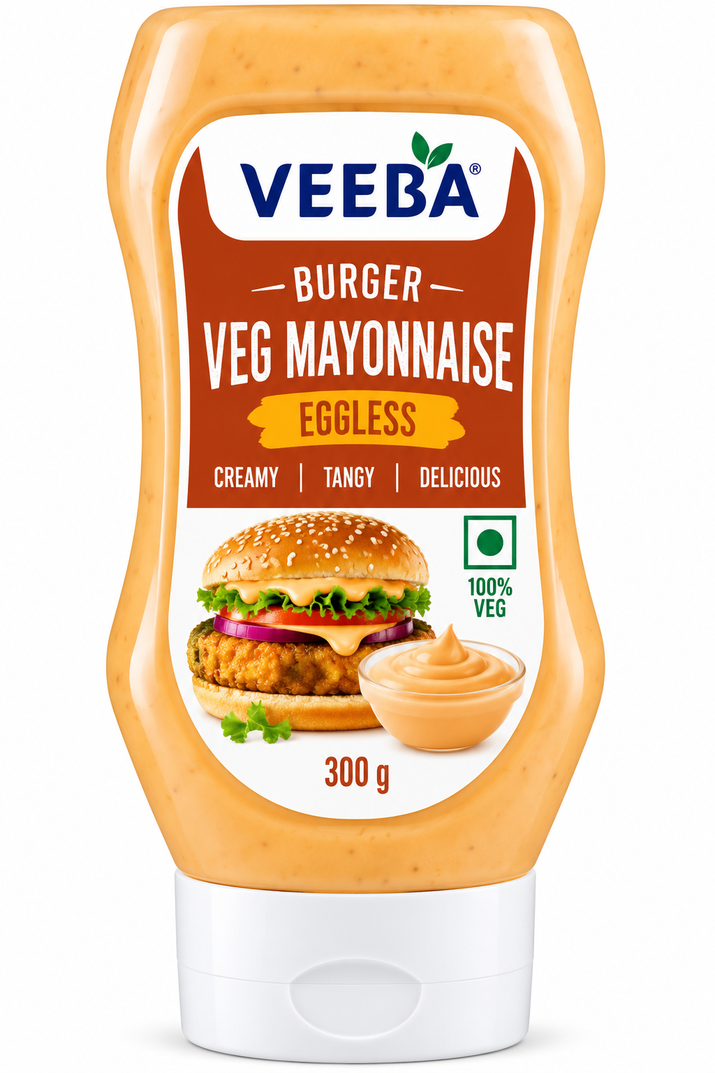 Veeba Burger Veg Mayonnaise Eggless 300g squeeze bottle with orange-and-white packaging, featuring a burger, creamy mayonnaise and a 100% vegetarian label.