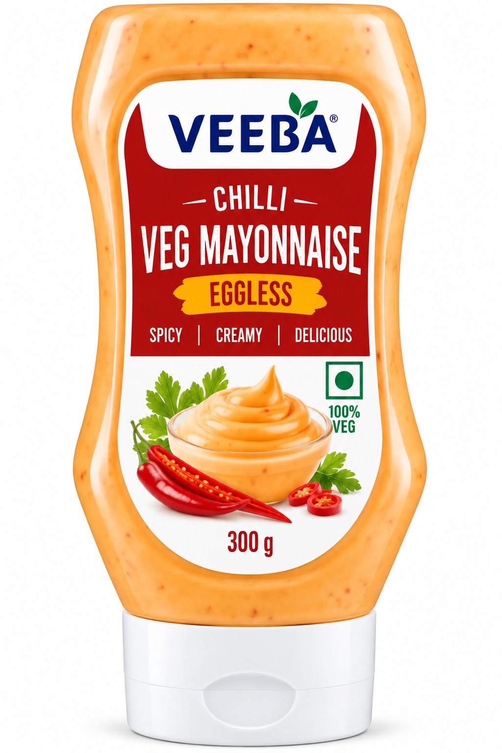Veeba Chilli Veg Mayonnaise Eggless 300g squeeze bottle with red-and-white packaging, featuring creamy chilli mayonnaise, red chillies, fresh herbs and a 100% vegetarian label.