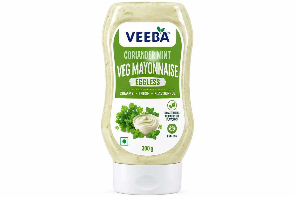 Veeba Coriander Mint Veg Mayonnaise 300g squeeze bottle with green-and-white packaging, featuring fresh coriander leaves, mint and creamy eggless mayonnaise.