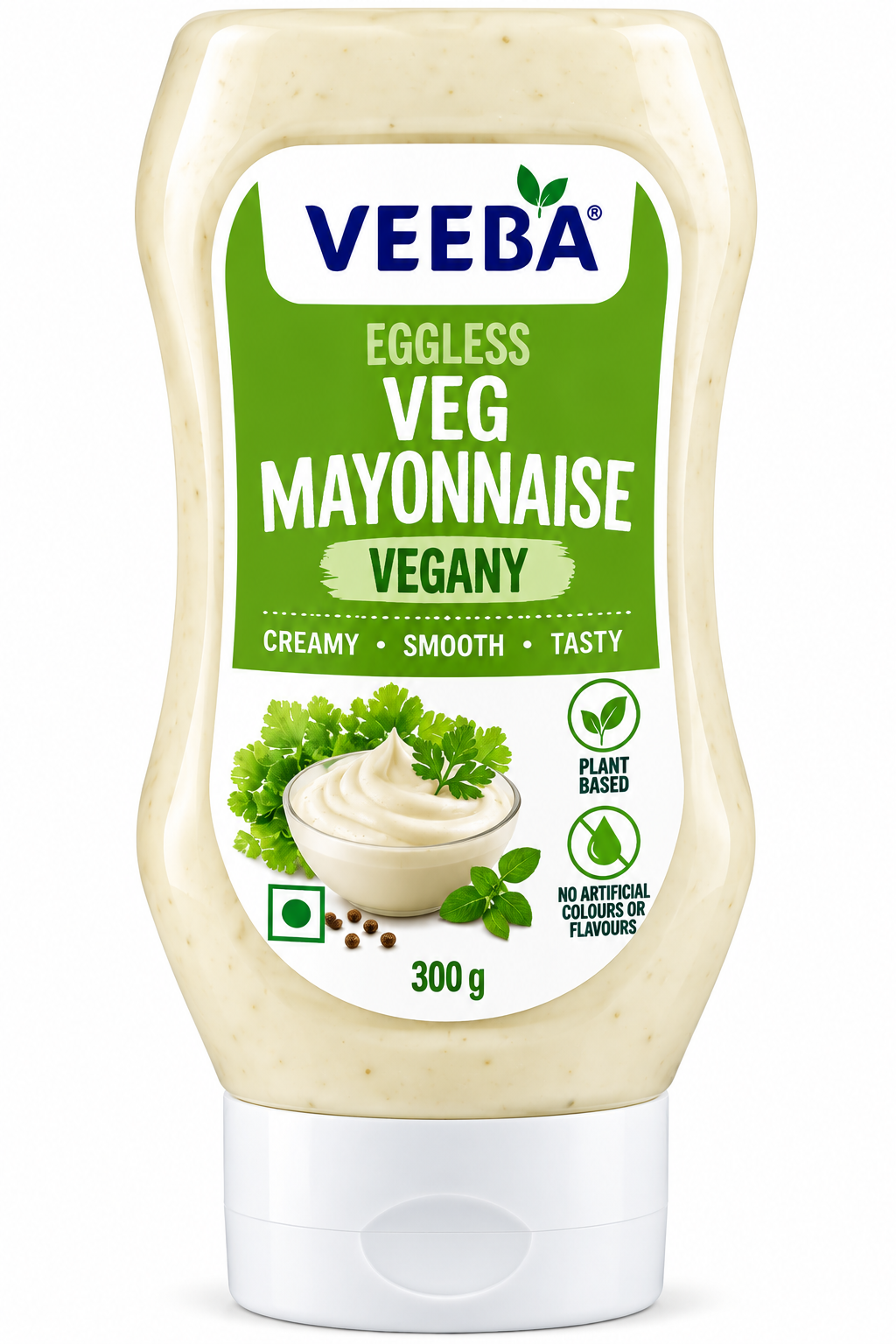 Veeba Eggless Vegan Veg Mayonnaise 300g squeeze bottle with green-and-white packaging, featuring creamy plant-based mayonnaise, fresh herbs and a bowl of mayonnaise.