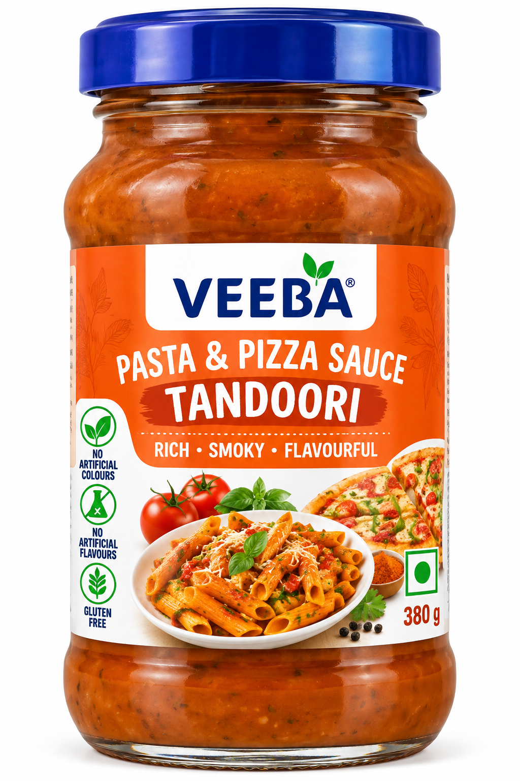 Veeba Tandoori Pasta and Pizza Sauce 380g glass jar with a blue lid and orange label, featuring tandoori-flavoured sauce, pasta, pizza, tomatoes and herbs.