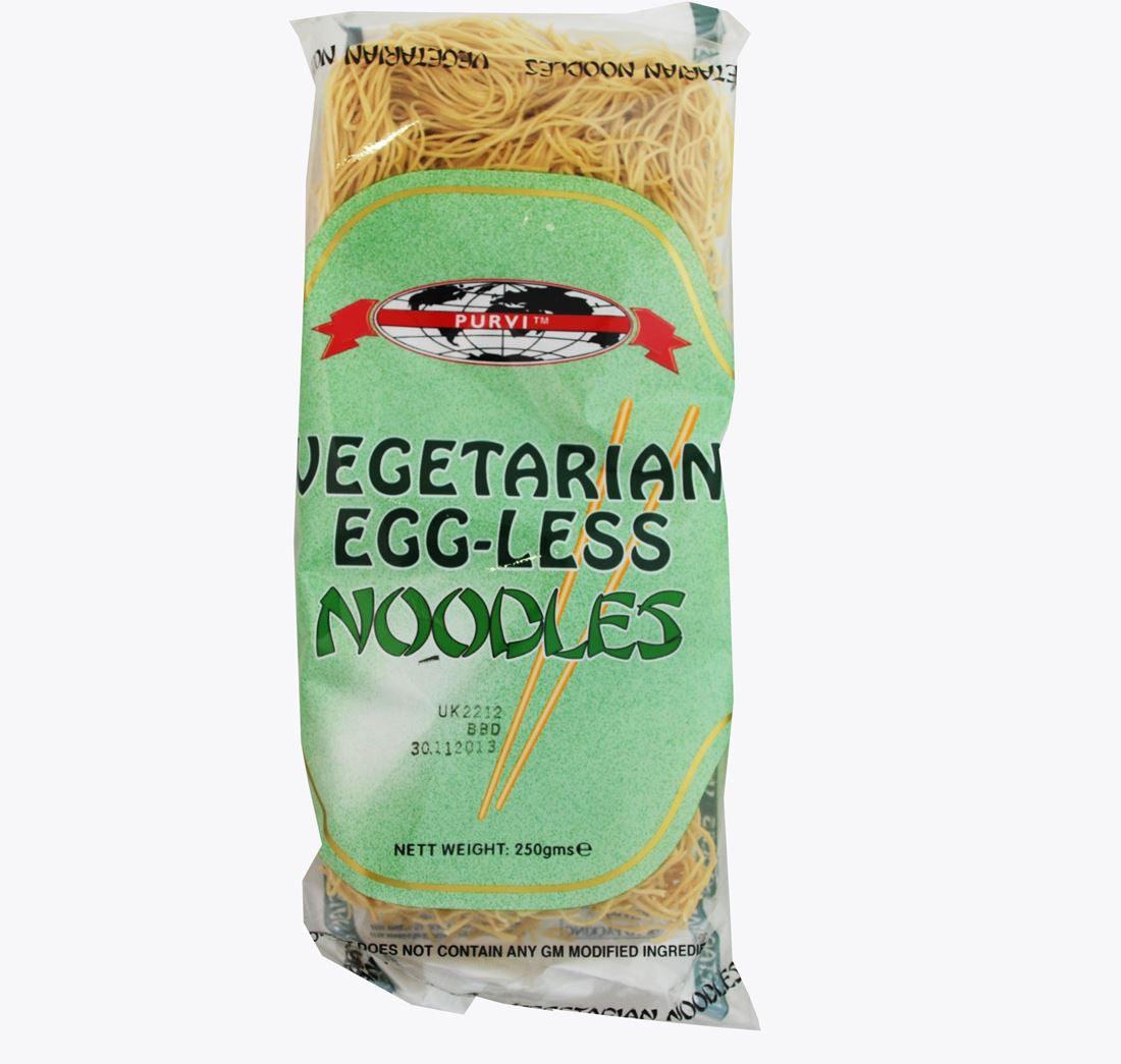 A package of Previ Vegetarian Egg-Less Noodles in a clear plastic bag with a light green label, showing the yellow noodles inside, on a white background.