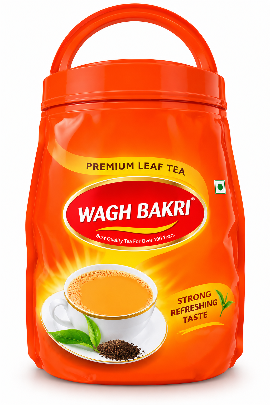 Wagh Bakri Premium Leaf Tea 1kg in bright orange packaging with a built-in handle, red-and-gold logo, and an image of a cup of refreshing tea with fresh tea leaves.