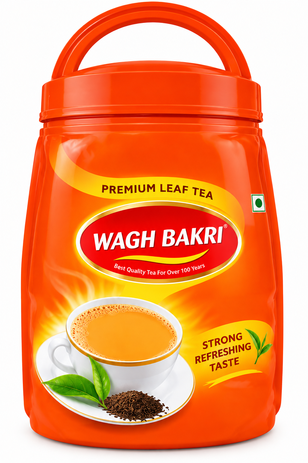 Wagh Bakri Premium Leaf Tea 500g in glossy orange packaging with a handle, red-and-gold Wagh Bakri logo, tea cup illustration, and strong refreshing taste branding.
