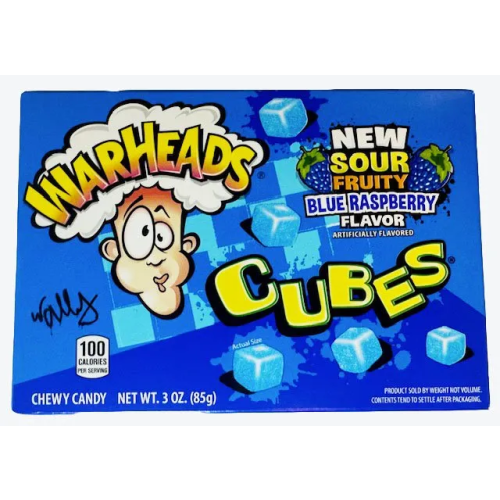 Warheads Blue Raspberry Cubes 85g box with intense sour coating and chewy sweet blue raspberry center