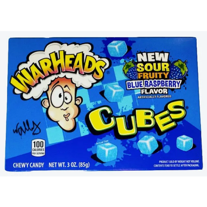 Warheads Blue Raspberry Cubes 85g box with intense sour coating and chewy sweet blue raspberry center