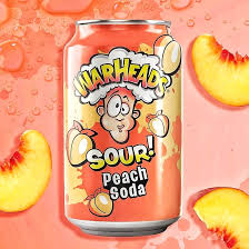Close-up of Warheads Sour Peach Soda can with bright peach design