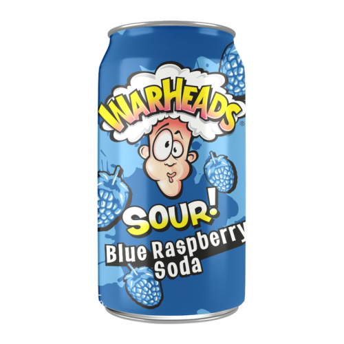 Close-up of Warheads Sour Blue Raspberry Soda can with bright blue design