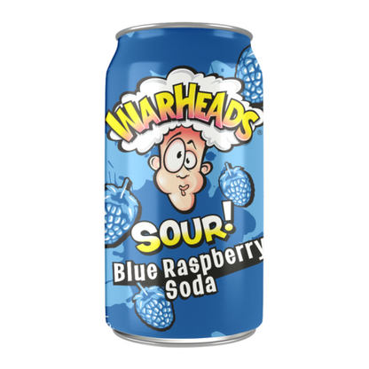 Close-up of Warheads Sour Blue Raspberry Soda can with bright blue design