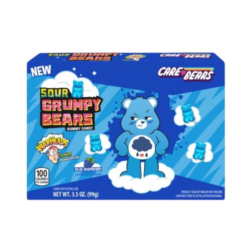 Warheads Care Bears Sour Grumpy Bears 99g box with gummy bears spilling out