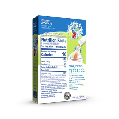 Wyler's Light Singles To Go Cherry Limeade drink mix packets, showing individual serving sizes for easy, on-the-go hydration with a tangy cherry limeade flavor.