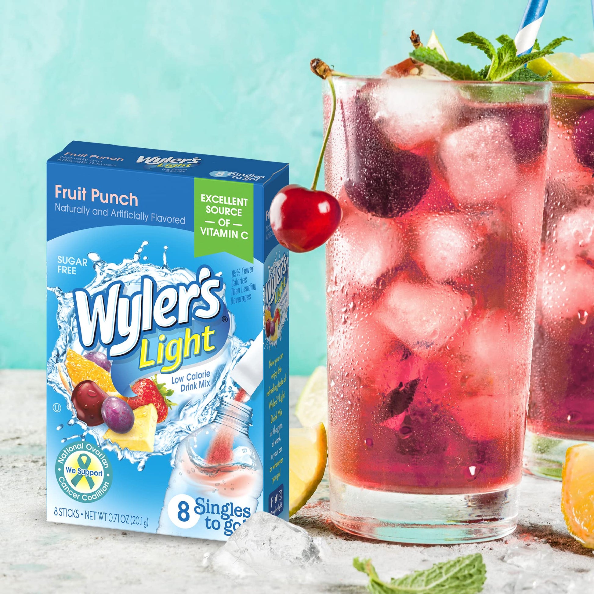Wyler's Light Singles To Go Fruit Punch drink mix packets, showcasing individual serving sizes for convenient, on-the-go hydration with a tropical fruit punch flavor.