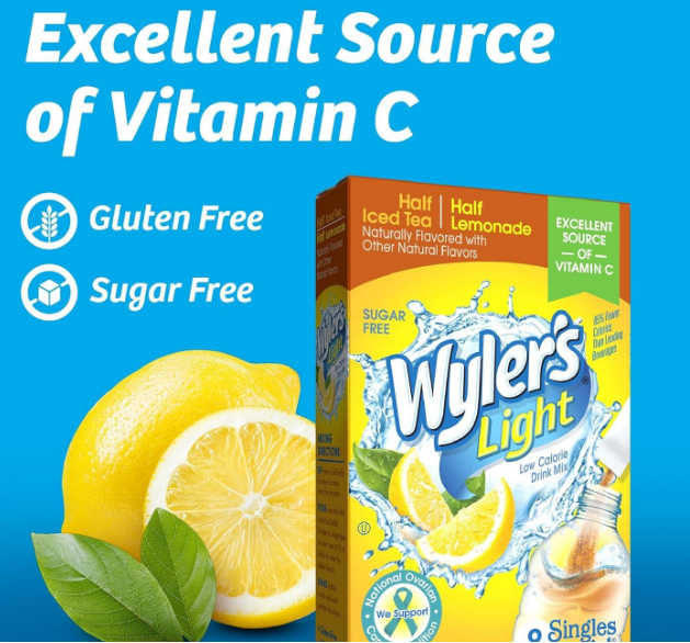 Wyler's Light Singles To Go Half Iced Tea Half Lemonade drink mix packets, showcasing individual servings for easy, on-the-go hydration with a refreshing iced tea and lemonade blend.