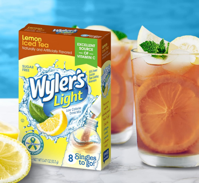 Wyler's Light Singles To Go Lemon Iced Tea drink mix packets, showcasing individual servings for easy, on-the-go hydration with a refreshing lemon iced tea flavor.