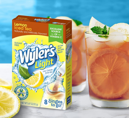 Wyler's Light Singles To Go Lemon Iced Tea drink mix packets, showcasing individual servings for easy, on-the-go hydration with a refreshing lemon iced tea flavor.