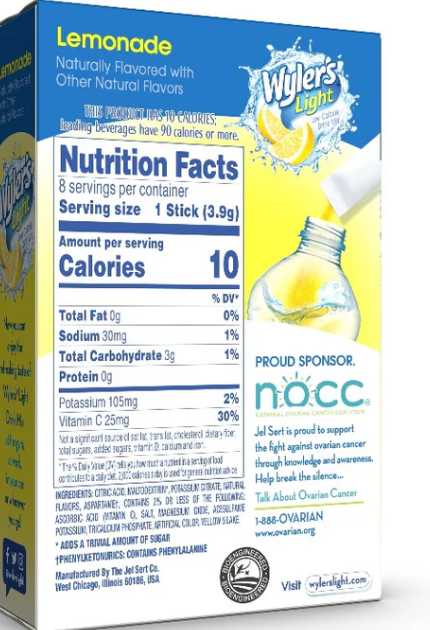 Wyler's Light Singles To Go Lemonade drink mix packets, showcasing individual servings for easy, on-the-go hydration with a refreshing lemonade flavor.