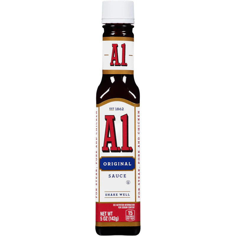 A1 Original Sauce 142g bottle featuring the classic bold and tangy steak sauce, perfect for enhancing the flavour of steak, burgers, grilled meats and chicken.