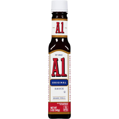 A1 Original Sauce 142g bottle featuring the classic bold and tangy steak sauce, perfect for enhancing the flavour of steak, burgers, grilled meats and chicken.