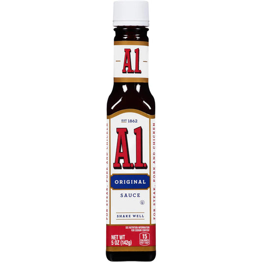 A1 Original Sauce 142g bottle featuring the classic bold and tangy steak sauce, perfect for enhancing the flavour of steak, burgers, grilled meats and chicken.