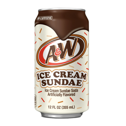 A&W Ice Cream Sundae 12oz can showing creamy vanilla soda branding