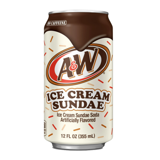 A&W Ice Cream Sundae 12oz can showing creamy vanilla soda branding
