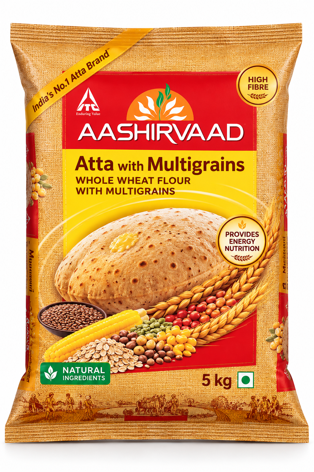 Aashirvaad Atta with Multigrains 5kg bag featuring tan textured packaging, red and yellow branding, the Aashirvaad logo, a picture of chapati with wheat and assorted grains, and product details on the front, displayed against a clean white background.