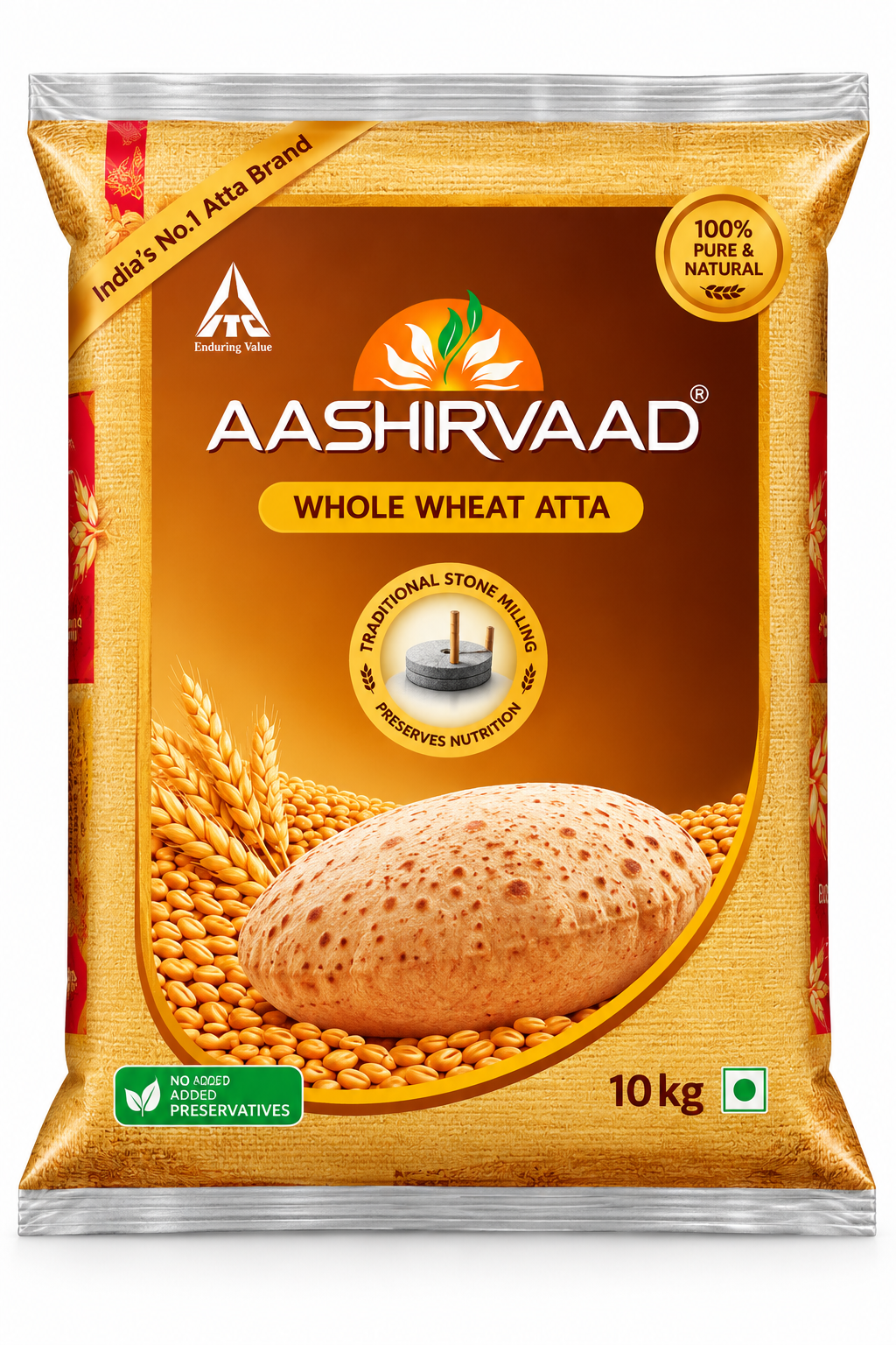 Aashirvaad Whole Wheat Atta 10kg bag featuring the Aashirvaad brand logo, golden-brown packaging, wheat grain imagery and a traditional Indian roti. Whole wheat flour suitable for preparing fresh chapatis, rotis and other everyday Indian breads at home.