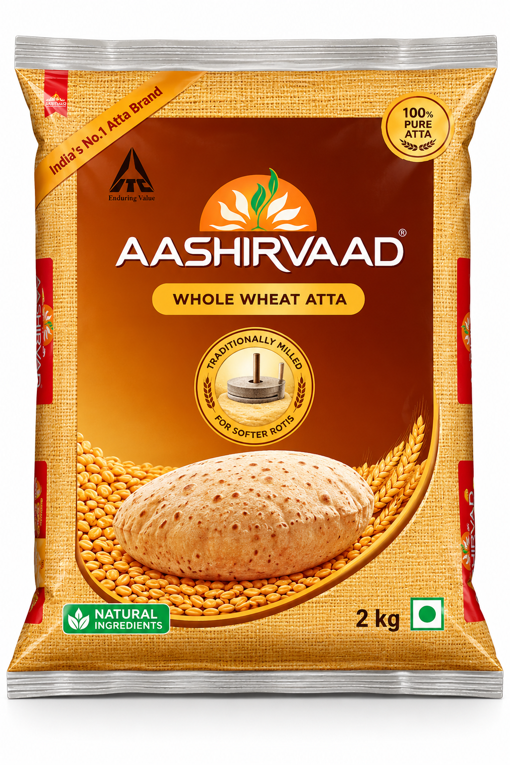 Aashirvaad Whole Wheat Atta 2kg bag featuring the Aashirvaad logo, golden and brown packaging, wheat grain imagery and a traditional Indian roti, a convenient pack of whole wheat flour for making fresh chapatis and rotis at home.