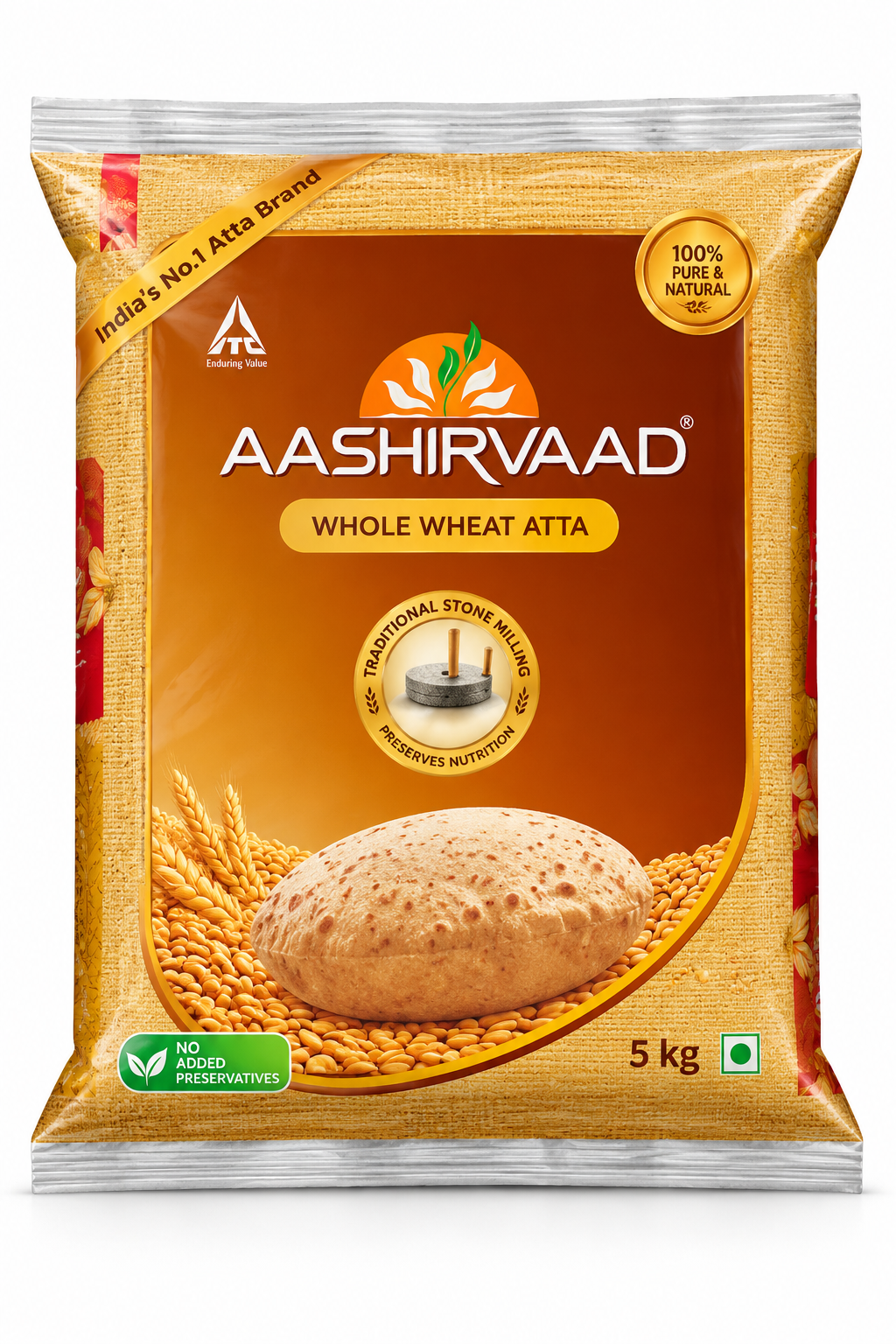 Aashirvaad Whole Wheat Atta 5kg bag featuring the Aashirvaad brand logo, brown and golden packaging, and an image of traditional Indian roti with wheat grains, ideal for preparing chapatis, rotis and everyday Indian meals.