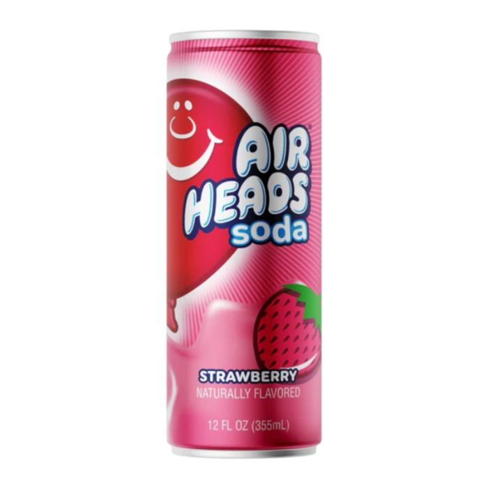 Airheads Soda Strawberry 355ml bottle – sweet, fizzy strawberry-flavored soda inspired by the Airheads candy.
