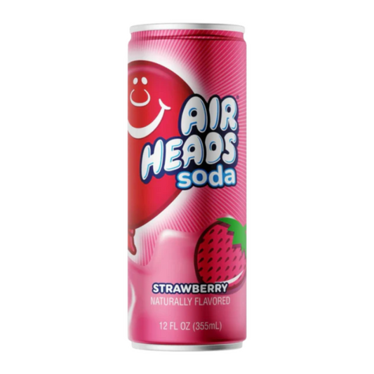 Airheads Soda Strawberry 355ml bottle – sweet, fizzy strawberry-flavored soda inspired by the Airheads candy.