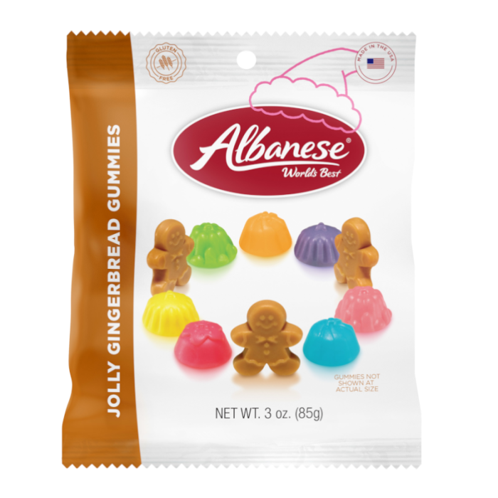 Albanese World's Best Jolly Gingerbread Gummies in a festive gingerbread man shape, showcasing a soft, chewy texture and a rich gingerbread flavor with hints of cinnamon and molasses, perfect for holiday snacking