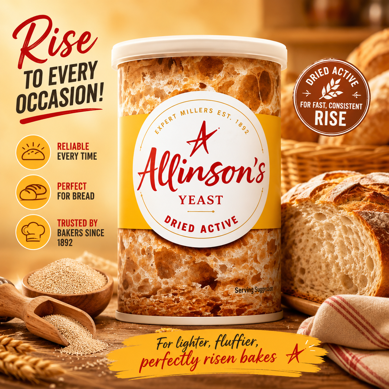 Allinson's Dried Active Yeast front packaging featuring premium active dry yeast, perfect for baking bread, rolls, pizza dough and other homemade baked goods.