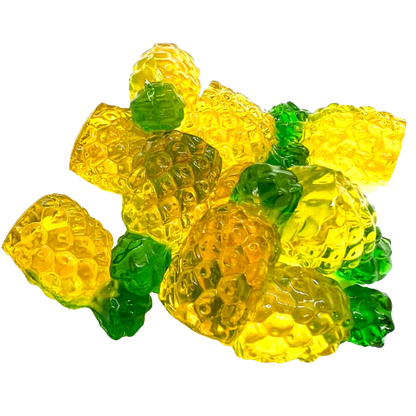 Amos 4D Fruit Gummy Pineapple Burst bag showing 3D pineapple-shaped gummies with soft chewy texture and juicy pineapple-flavored center.