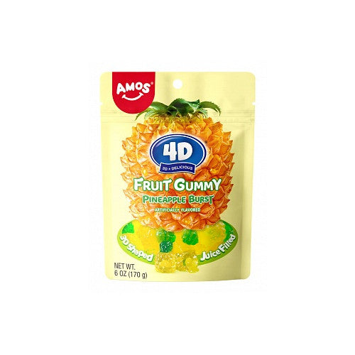 Juice-filled pineapple-shaped fruit gummy candies in vibrant tropical yellow.