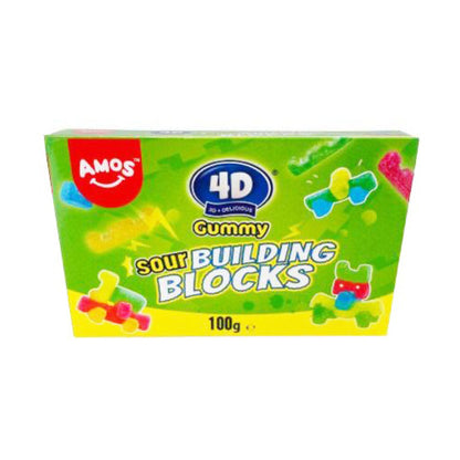 Bright, colourful Amos 4D Sour Gummy Blocks showing chewy texture and sour sugar coating