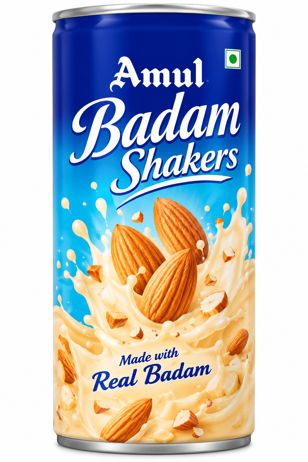 Amul Badam Shakers Almond Drink 200ml can featuring blue and cream packaging, whole almonds, chopped almonds, and creamy almond milk splashes.